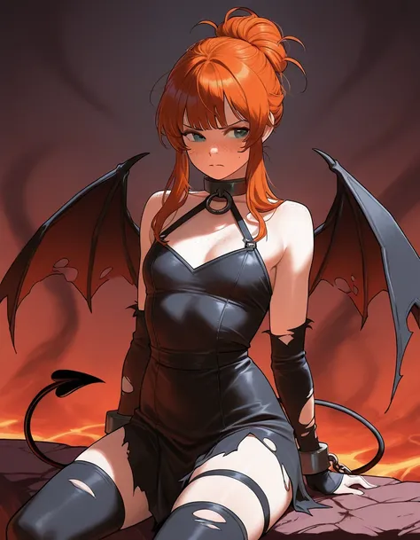 masterpiece, 1girl, beautiful woman, bangs, freckles, rough torn clothes, slave in hell, medium chest, transforming into a demon, sprouting demon wings and demon tail, messy updo, hell background