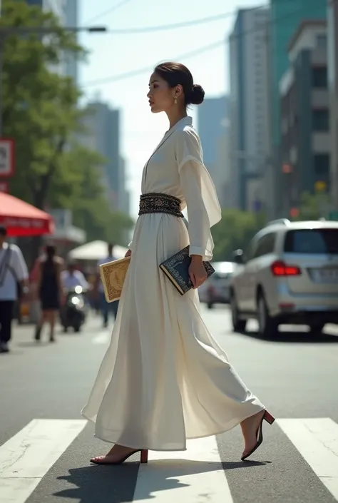 Very beautiful indonesian woman, super model, 30 years old wearing white moslem clothes, black ethnic belt, crossing a busy city street, bringing a book on her hand