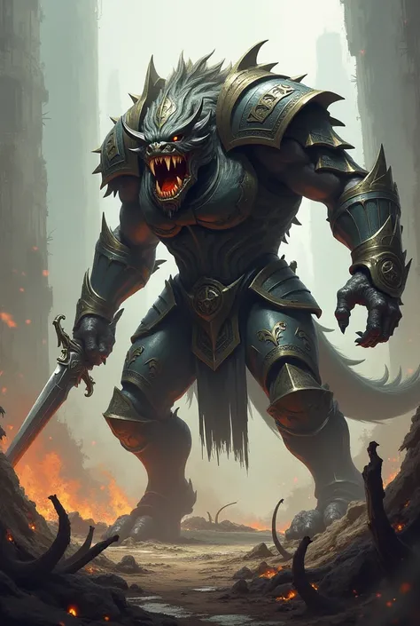 Beast wearing armour, holding sword and attacking