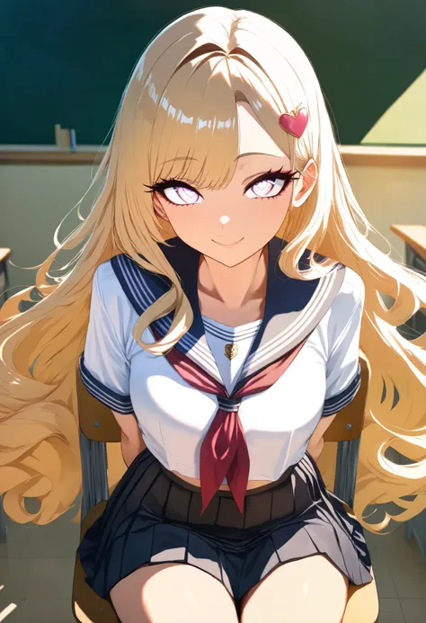 ((year {2021}, masterpiece, high score, great score, absurdres)), anime style, 1 female, ( blonde, wave hair, asymmetrical left and right bangs , Heart Hairpin, small face, beautiful skin, smile), Beautiful and shining eyes, glossy lips , very det...