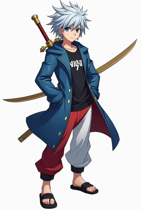 Create a character in Nanatsu's art style on tansai Aperencia: He has gray-blue hair, has an athletic body, wears a blue and black jacket written nine seven, white and red pants, blue eyes, tanned skin and carries a golden sword on his back 