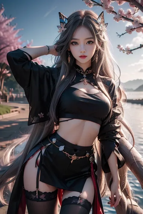 8K, ultra hd, masterpiece, hd colors, 1 girl, perfect face, very long curly hair, detailed eyes, simple clothing, gradient black clothing, stocking, lace, sardine, bare waist, jwellery, waterside, Realistic scenery, epic scenery, sun rising, evening, cloud...