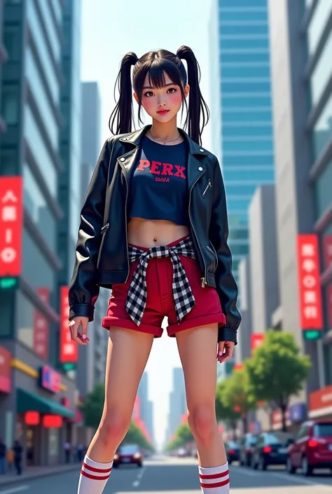 สาวเอเชียอายุ 18 ปี, คนจริง, สาวเอเชียอายุ 18 ปี, 
สีที่ชัดเจน
A young woman with a stylish street fashion look poses confidently in the middle of a modern city street. She wears a black leather jacket, a navy blue cropped t-shirt with red text, and red sh...