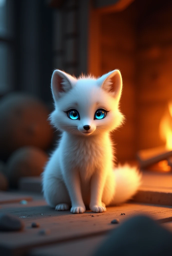  A tiny white fox with soft fur and glowing blue eyes,  sits by the fireplace in a simple wooden house .  The light of the fire reflects a golden color on its fur , creates a warm and mysterious atmosphere .