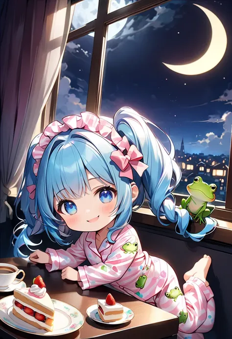 ( Table by the Window with a View of the Moon in the background 、Moonlight Tea Party at Night :1.5、 coffee mug and shortcake:1.5)、(( Dynamic Pose :1.5、 dynamic angle:1.5、 Motion Blur :1.5))、(( one girl:1.5)、((Chibi Girl:1.5)))、Kindergarten student:1.5、 hig...