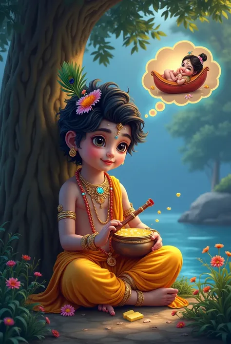 "Create a digital artwork of a cute Krishna young boy with big expressive eyes, wearing a traditional Indian yellow costume with floral pattern. He is sitting with a flute in his hand, adorned with gemstone ornaments, and a peacock feather in his hair. He ...