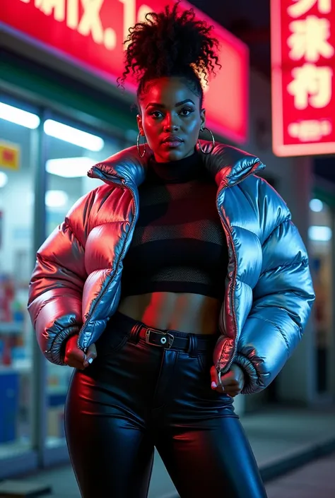 A curvaceous Black woman in a cropped puffer jacket in metallic silver, layered over a black mesh turtleneck and high-waisted leather leggings. Her hair is in a high top knot with baby hairs curled into spirals, posing under the neon glow of a 24-hour conv...