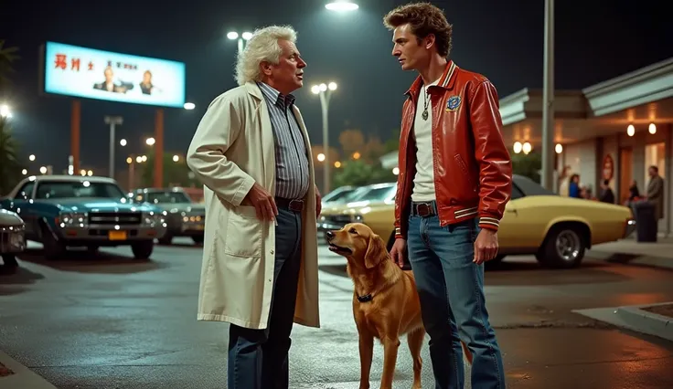  Spencer Tracy as Doc from Back to the Future ,  dressed in a white coat and white hair , long, Crazy .  Next to James Dean ,  with a white t-shirt and red jacket and jeans,  talking at night in a parking lot ,  with a golden retriever dog .