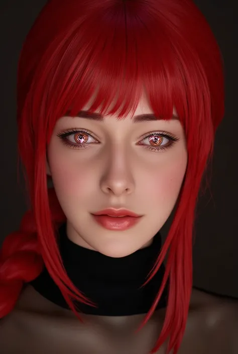 1girl, star eye, blush, perfect illumination, red hair, red eyes, unreal engine, sidelighting, detailed face, bangs, bright skin, simple background, dark background, 