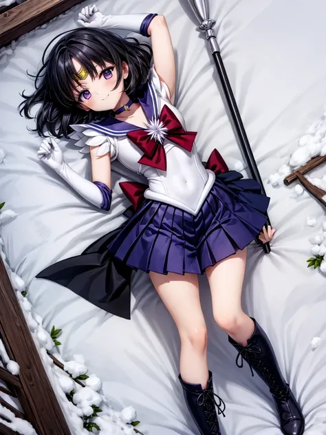 one girl, Hotaru Tomoe, Sailor Saturn, cute face, thin and tall, smile, sailor senshi uniform, purple sailor collar, tiara, magical girl, purple pleated skirt, white elbow gloves, jewelry, brooches, choker, purple long thigh lace-up boots, black short hair...