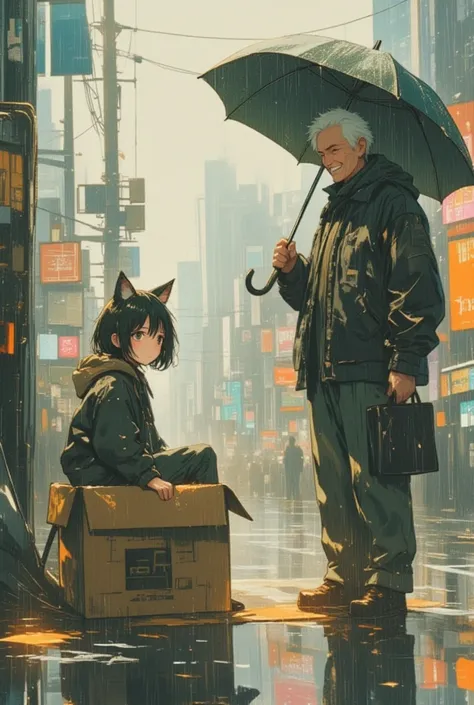 (masterpiece, best quality),(multiple exposure :1.2),
print collage depicting,A tween girl with cat ears is abandoned in a cardboard box on the side of the road. The cat-eared girl is in a cardboard box. A ((smiling old man)) offers an umbrella to a cat-ea...