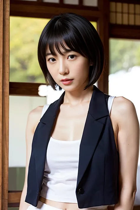 35-year-old Japanese woman with small breasts and short black hair、Open chest shirt and miniskirt、nsfw