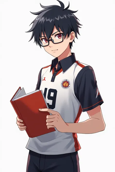 male character photo, book holder, wear glasses, sharp gaze, birthday uniform ,  style like the spike volleyball game