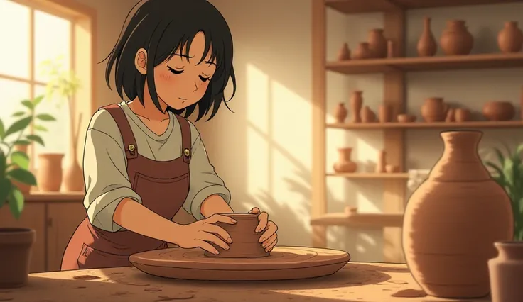 Just as the potter applies pressure and heat, life throws challenges our way. Positive: Ghibli style anime, Hand drawn. Negative: Ugly, Deformation, Distortion,  Low quality, Blurry, Blur.