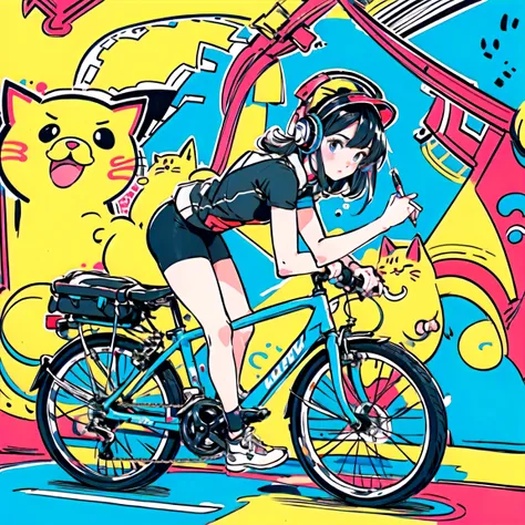 Cute girl,cat,Bike,headphones,doodle in the style of Keith Haring,sharpie illustration,solid colors,in the style of grunge beauty,mixed patterns,text and emoji installations,