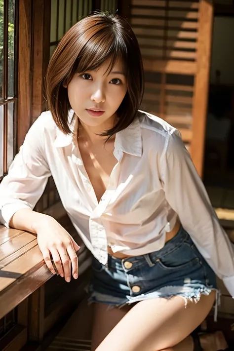 35-year-old Japanese woman with small breasts and short black hair、Open chest shirt and miniskirt、nsfw