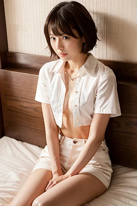 35-year-old Japanese woman with small breasts and short black hair、Open chest shirt and miniskirt、nsfw