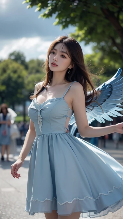 8k ultra hd, mastermiece, a girl, (good face:1.2), detailed, eyes, beautiful lips, very hong hair, spreading hair, small curved breasts, (angel dress:1), (blue dress:1.5), in the park, flying birds, glowing:1.5, cloudy weather, perfect body,