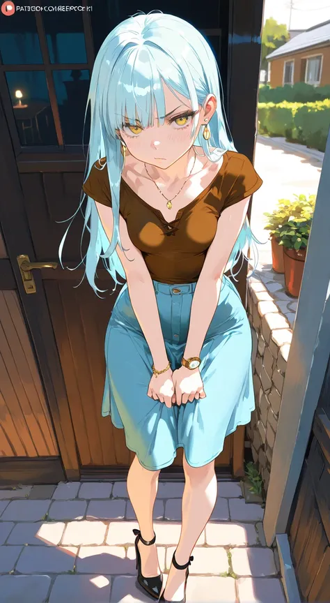 NSFW, masterpiece, best quality, amazing quality, very aesthetic, realistic detailed anime, home, backyard, 1girl, \(alone, long hair, light blue hair, straight bangs, yellow eyes, small breasts, thin, (tall), brown shirt, heels, earrings, necklace, bracel...