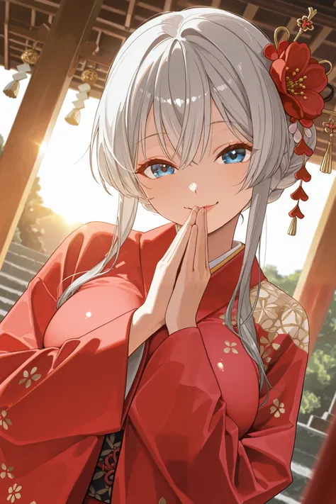  Masterpiece,  highest quality,  Great Quality,  very aesthetic,  high resolution,  super detailed,   is ridiculous,  latest, scenery, new year shrine visit,   CINEMATIC LIGHT ,  1 girl,  cute, Alone, Gray Hair,  long hair,  braided bun,  red flower hair s...