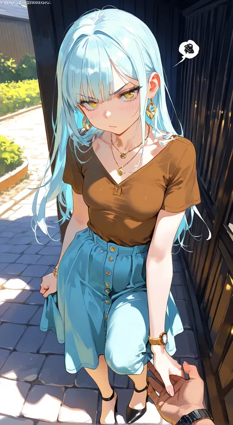 NSFW, masterpiece, best quality, amazing quality, very aesthetic, realistic detailed anime, home, backyard, 1girl, \(alone, long hair, light blue hair, straight bangs, yellow eyes, small breasts, thin, (tall), brown shirt, heels, earrings, necklace, bracel...