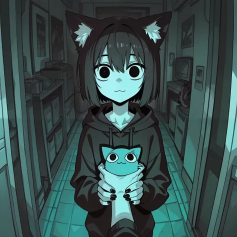 masterpiece, best quality, amazing quality, very aesthetic, high resolution, ultra-detailed, absurdres, newest, Anime screencap, highly detailed, high quality, hyper-Detailed, mistico_ILL. BREAK. animal ears, hood, hoodie, dark, pov, holding, cat ears, loo...