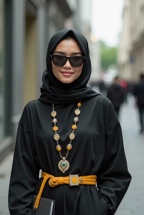 Excuisitely beautiful indonesian woman, white skin, super model, wearing sunglass (1:3), smiling, student, 25 years old, wearing black moslem uniform, yellow ethnic belt, ethnic necklace, standing at the a building, busy city, bringing a book on her hand