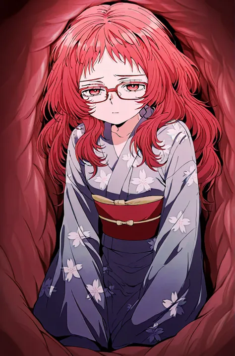 masterpiece, best quality,  absurdres, highres, cinematic light, 1girl,  miewz, red eyes, glasses, red hair, long hair, yukata, floral print, obi, japanese clothes,,
inside a stomach, stomach interior
