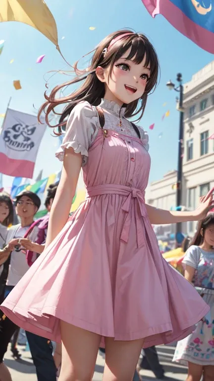 Beautiful and very cute girl ,( beautiful faces, high detail),(pink:1.2),(Armless),(laugh),  festival in the city streets ,(Parade :1.2),( many people wearing pastel dresses ),flag, Confetti in the sky ,outdoor, depth of clarity ,  Cowboys Shooting , stanc...