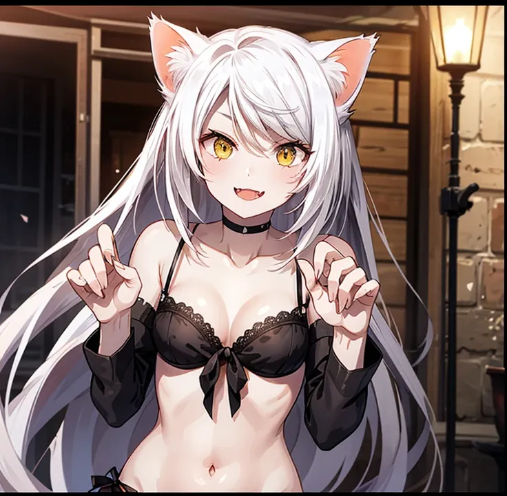 Character Overview: A young, lively woman with anthropomorphic feline traits, possessing an alluring and playful charm. Her distinctive cat-like attributes include sharp ears, visible small fangs, and striking golden eyes, all of which radiate a mischievou...