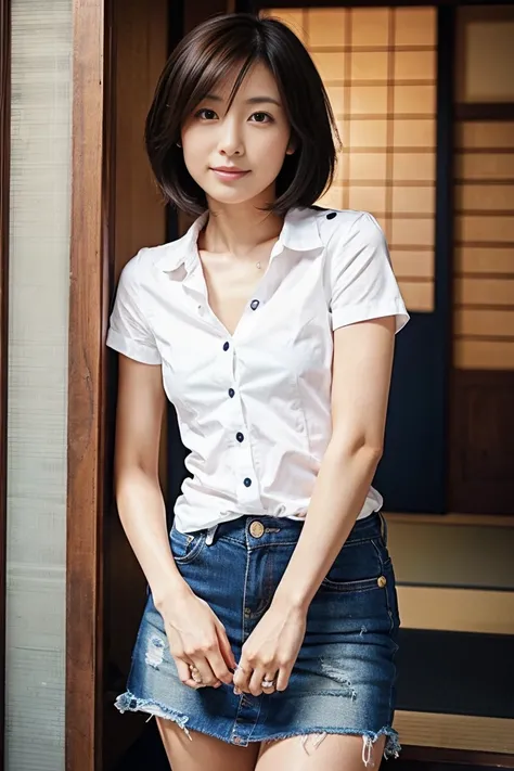 35-year-old Japanese woman with small breasts and short black hair、Open chest shirt and miniskirt、 sexy