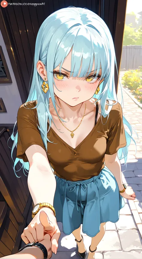 NSFW, masterpiece, best quality, amazing quality, very aesthetic, realistic detailed anime, home, backyard, 1girl, \(alone, long hair, light blue hair, straight bangs, yellow eyes, small breasts, thin, (tall), brown shirt, heels, earrings, necklace, bracel...