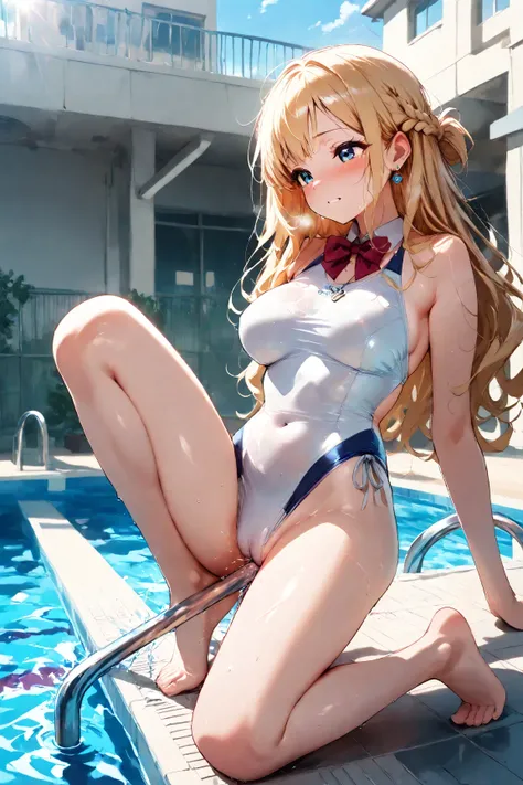  (((steal handrail  humping, Crotch rub,))),((poolside)),(((Sunny day,school buildings, school yard))),( LOWER VIEW ),(),,,(((completel swimsuit))),(((white high cut competitive swimsuit,white perfect fit competitive swimsuit))),High school students,  wet,...