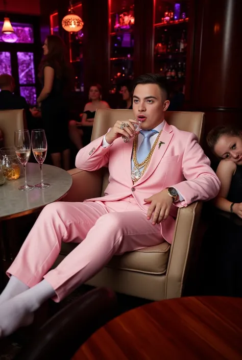 chic nightclub full of people , full body view, a handsome dapper man with down syndrome, with lifted face, huge thick swollen luscious siliconed flxBimboLips963 lips but hyper-tiny short nose, in his white sheer nylon-socks, no shoes, in dapper pink silky...