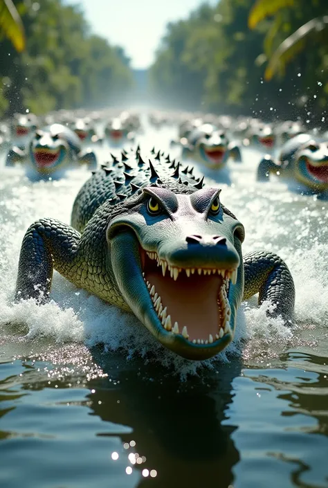 📌 Shot: A wide shot of the race kicking off—crocodiles lunge forward, huge water splashes.
📌 Mood: Fast-paced, shaky camera effect for intensity.