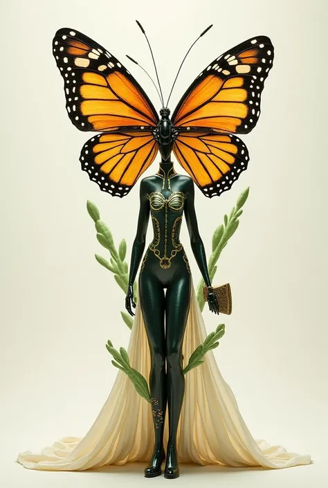 *"A butterfly with wings that resemble elegant evening gown fabric, where the delicate patterns of the wings subtly merge into the folds of a glamorous dress. The body of the butterfly transitions into a delicate, graceful human figure, holding a clutch in...