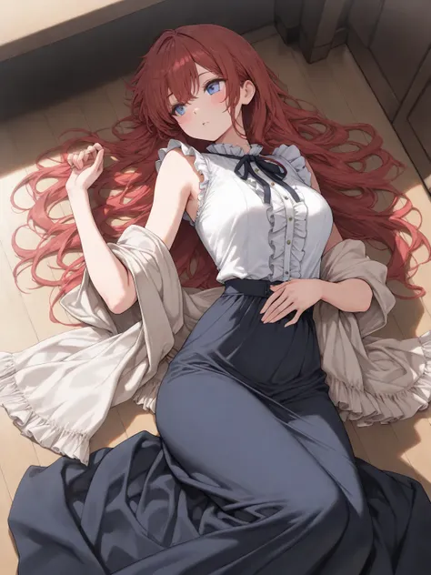 (masterpiece, best quality, ultra-detailed character, high resolution, 8k), 1girl, red hair, long hair, blue eyes, white frilled shirt, sleeveless, frills, dark blue long skirt, shawl,, perfect composition,