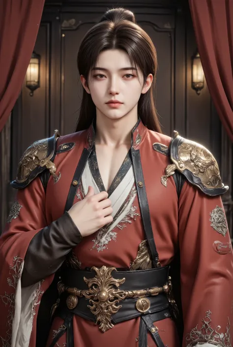 20-Year-Old Handsome Man Wearing Antique Chinese Hanfu Dress, qqmix handsome face, sharp eyes, charming nose, white skin, long hair