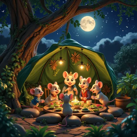  funny picture  , close-up mom mouse and her mice they drink mint leaf tea at their burrow under the root of a tree, are covered on top of them by a burdock leaf ,  Outside night, somewhere above the star and the big moon illuminates everything around ,  f...