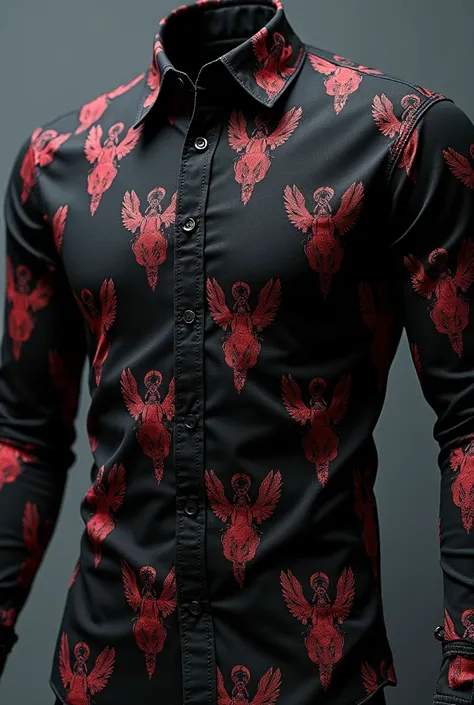 All kinds of fallen angel drawn repeatedly all over a black collar sleeve shirt with on red color 