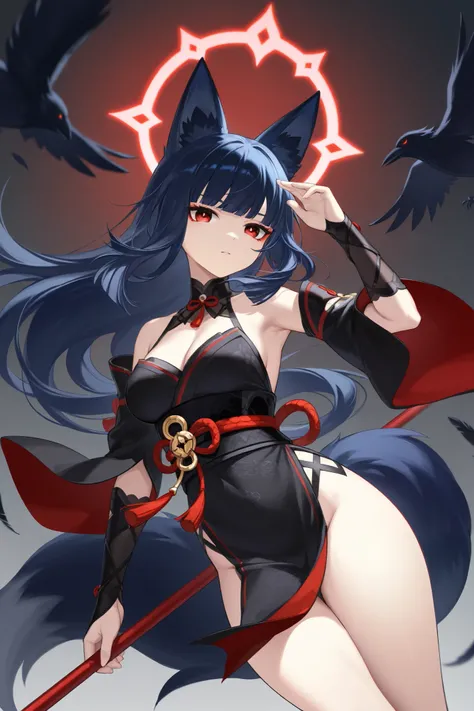  fox ears、Dark blue hair、 long hair、Fox Tail、Dos black red eyes、フード付きFeather毛Feather衣、 best thighs、 Genshin、Feather、crow、Red spear 、Halo、 beautiful skin、Clear shadows