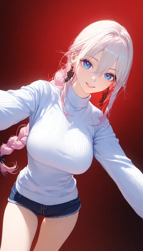 illustrator, anime , realistic ,sketch , 1 girl, ,lip, Blue gradient background, neon hair,Textured trim ,a detailed portrait of an adult female with a red background, highly shiny skin and facial features, wearing a white sweater and shorts, full body vie...