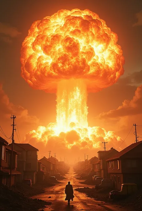 A gigantic nuclear explosion burning people destroying houses and cars and throwing debris at everything is how much side engulfs the whole scene