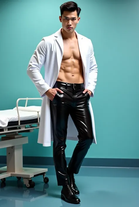 Hot ,sexy and muscle handsome Chinese dentist doctor was duty coat and shiney black pvc latex trouser with black latex belt and touch his belt and wear shiney lather shoes by standing at hospital  bed