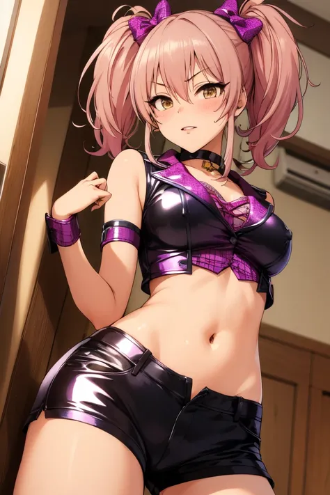 masterpiece, best quality, highres, aamika, twintails, hair bow, idol clothes, choker, vest, wrist cuffs,, midriff,latex shorts,medium breasts