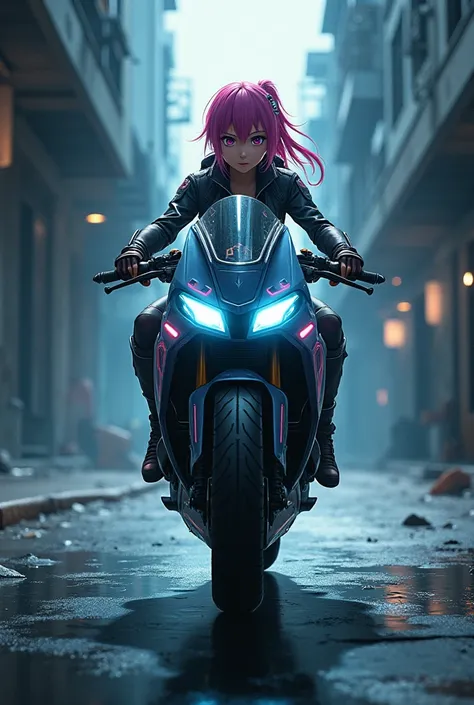 Generate an anime character riding on a bike and coming out from the dark 