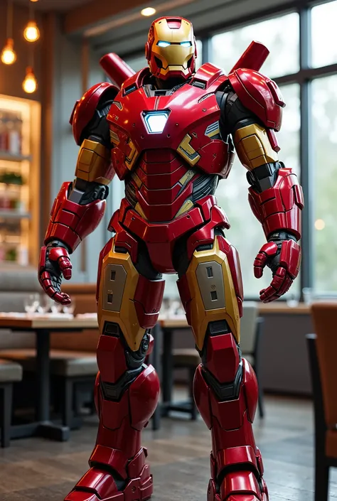 "A heavily-armored Ironman suit built for high-impact combat, resembling a towering mechanized warrior. The armor is thicker and bulkier, with reinforced plating that can withstand direct nuclear blasts. The suit’s red and chrome finish reflects its battle...