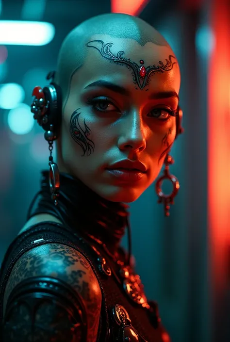 nepali actress miruna magar as Nirvikara n the depths of a cybernetic underworld, amidst the hum of machinery and the glow of neon, stands Nirvikara, the Cybernetic Devi. Her bald head gleams under the flickering lights, adorned with intricate tantric tatt...