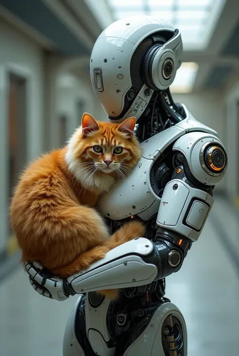 Generate an image of a Maicoon cat in the arms of a robot