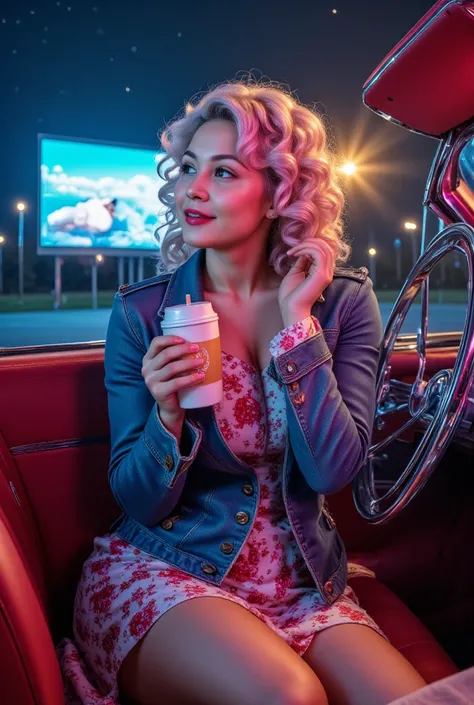 A young woman enjoys a drive-in movie date, wearing a 1950s-style denim jacket over a floral dress with a full skirt. Her hair is styled in soft, bouncy curls with volume at the crown, giving her a playful yet elegant look. She sits in a classic 1950s car,...